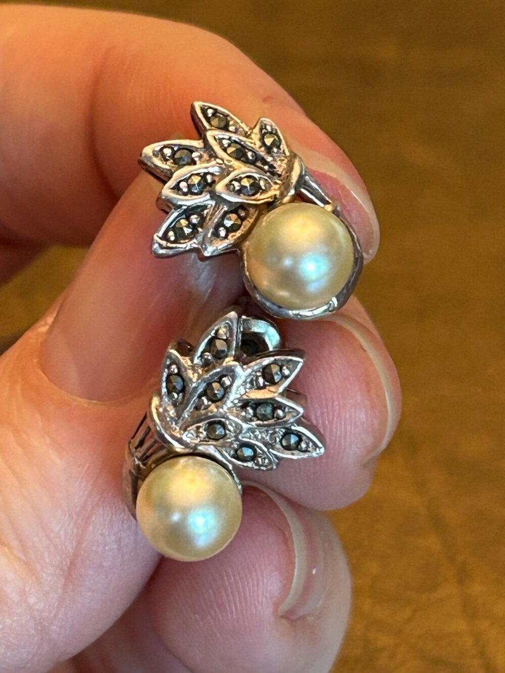Vintage Pearl and Marcasite Sterling Silver Stud Earrings